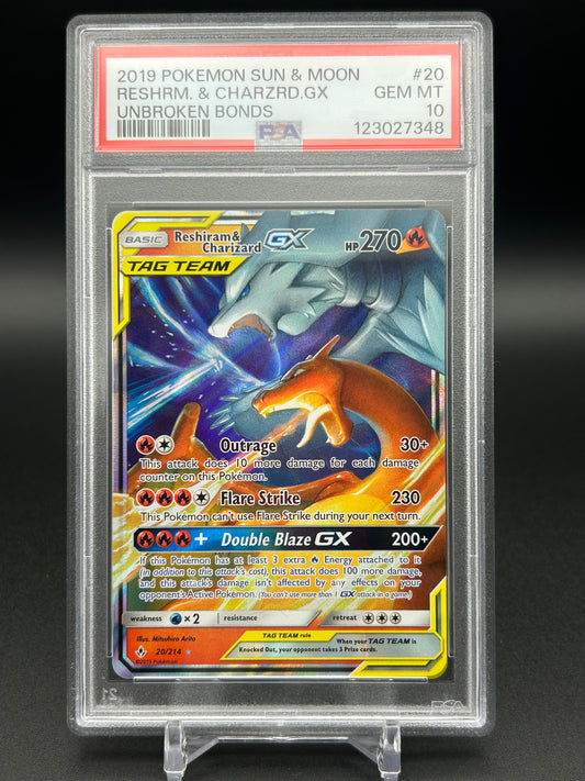 PSA GEM MINT 10 - Reshiram&Charizard GX - Sun & Moon Unbroken Bonds 20/214